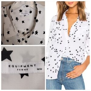 M EQUIPMENT FEMME 100% SILK WHITE BLACK STAR STARS LONG SLEEVE BLOUSE TOP MEDIUM